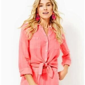Lilly Pulitzer Sea View Button down Linen Top Women's Size Large Lillys Coral Ne